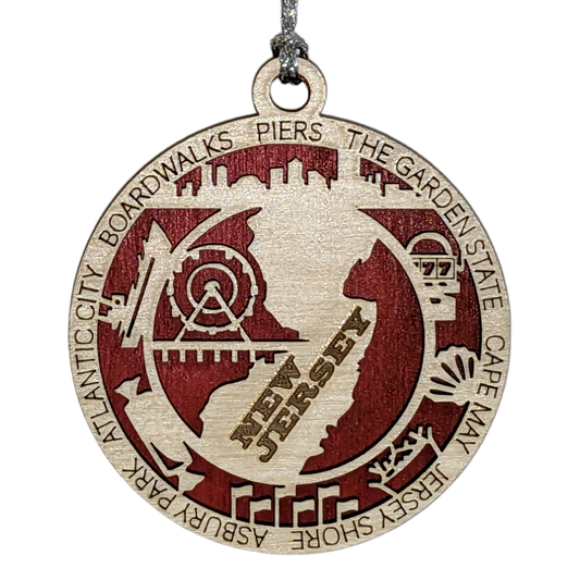New Jersey State Pride 3D Wood Laser Cut Ornament: Featuring Iconic New Jersey Symbols and Custom Background Colors