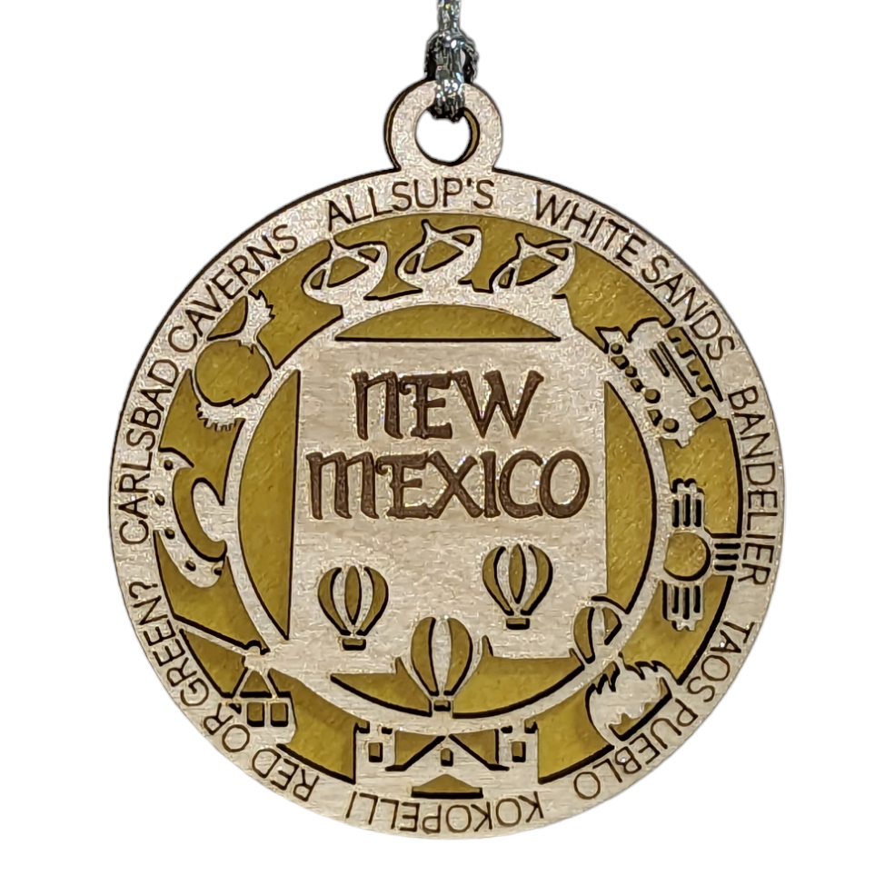 New Mexico State Pride 3D Wood Laser Cut Ornament: Featuring Iconic New Mexico Symbols and Custom Background Colors