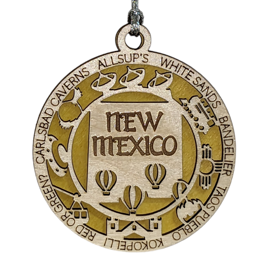 New Mexico State Pride 3D Wood Laser Cut Ornament: Featuring Iconic New Mexico Symbols and Custom Background Colors