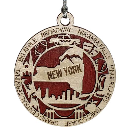New York State Pride 3D Wood Laser Cut Ornament: Featuring Iconic New York Symbols and Custom Background Colors