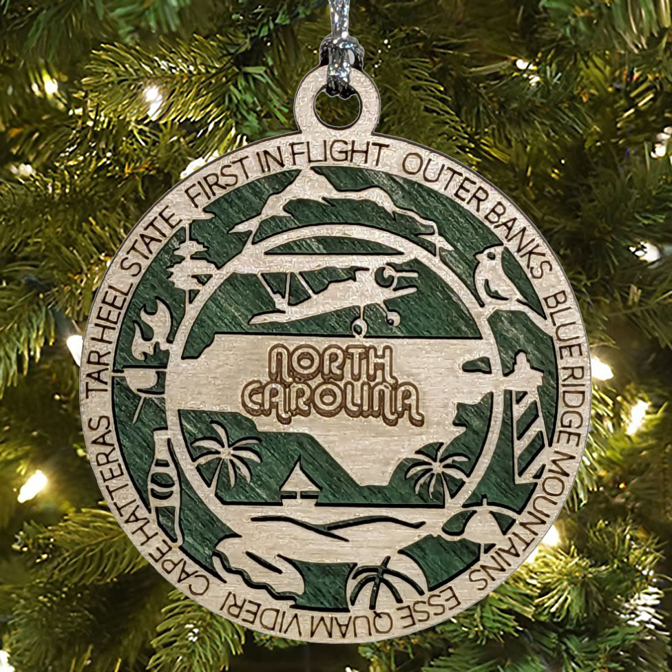 North Carolina State Pride 3D Wood Laser Cut Ornament: Featuring Iconic North Carolina Symbols and Custom Background Colors