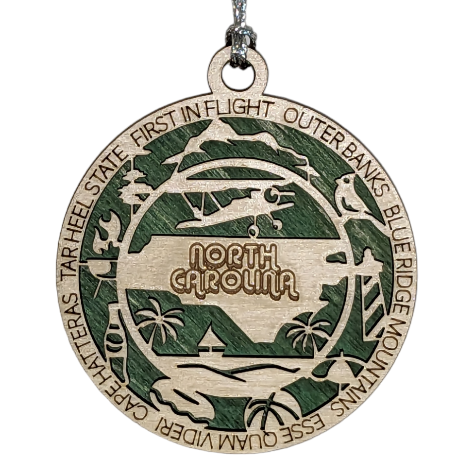 North Carolina State Pride 3D Wood Laser Cut Ornament: Featuring Iconic North Carolina Symbols and Custom Background Colors
