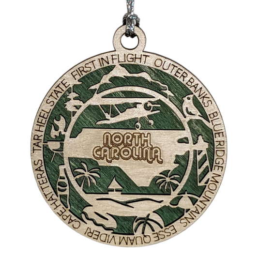 North Carolina State Pride 3D Wood Laser Cut Ornament: Featuring Iconic North Carolina Symbols and Custom Background Colors