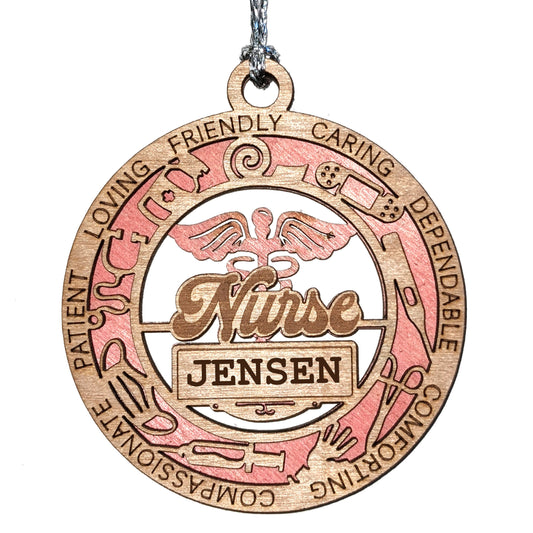 Handcrafted 3" Wooden Nurse Christmas Ornament, 2-Layer Laser Cut Design, Customizable Text, Caduceus & Medical Icons, Natural Wood & Colored Background Options, Made in USA, Perfect Gift for Nurses