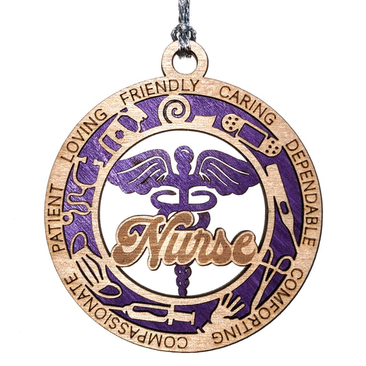 Handcrafted 3" Wooden Nurse Christmas Ornament, 2-Layer Laser Cut Design, Customizable Text & Color Background, Caduceus Cutout, Medical Icons, Made in USA - Perfect Gift for Healthcare Heroes!