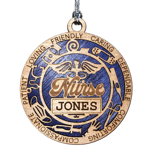 Handcrafted 3" Round Wooden Nurse Christmas Ornament, 2-Layer Laser Cut Design, Customizable Text & Color, Medical Icons Border, Perfect Gift for Healthcare Heroes, Made in USA, Personalized Decor