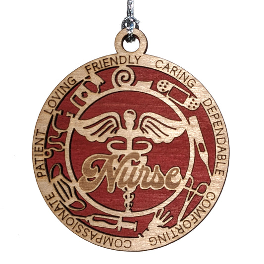 Handcrafted 3" Round Wooden Nurse Christmas Ornament, 2-Layer Laser Cut Design, Customizable Text & Color Background, USA Made, Medical Icons: Stethoscope, Syringe, Band Aid, Perfect Gift!