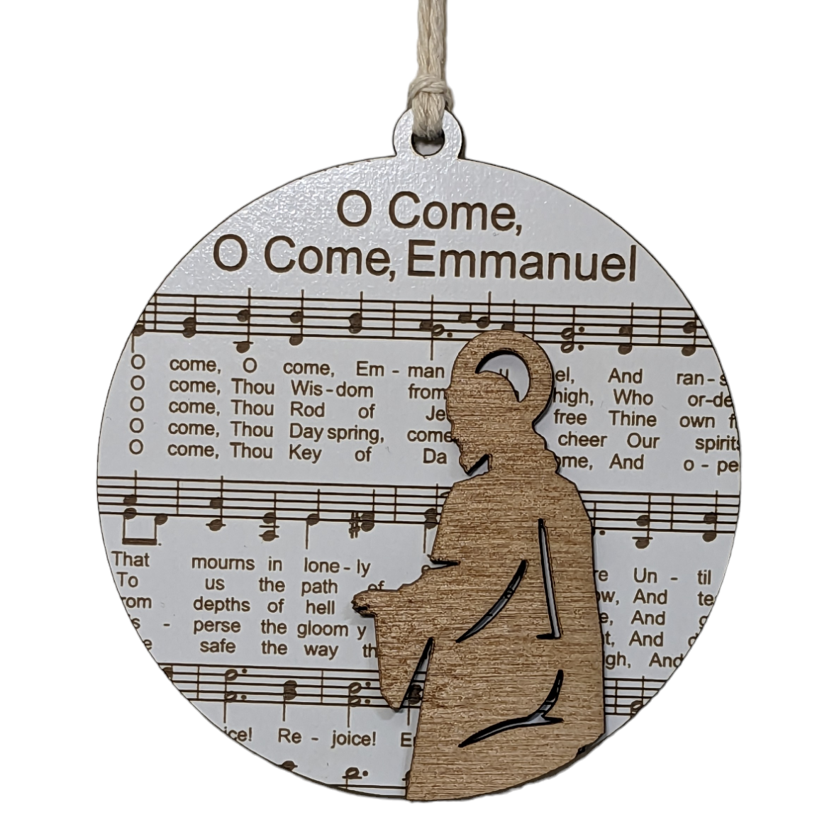 3.5" Laser Engraved Christmas Ornament - O Come O Come Emmanuel Sheet Music Design - Holiday Musical Decor, Elegant Xmas Gift