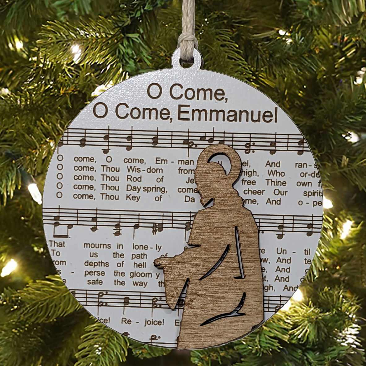 3.5" Laser Engraved Christmas Ornament - O Come O Come Emmanuel Sheet Music Design - Holiday Musical Decor, Elegant Xmas Gift