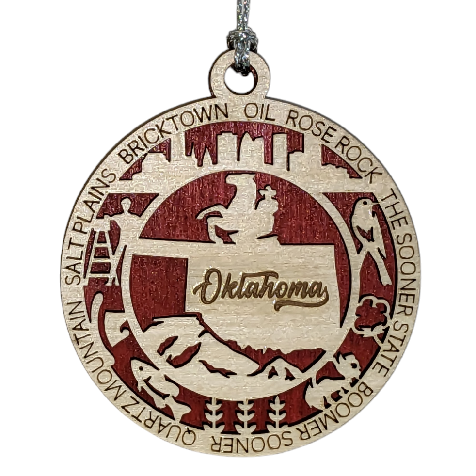 Oklahoma State Pride 3D Wood Laser Cut Ornament: Featuring Iconic Oklahoma Symbols and Custom Background Colors