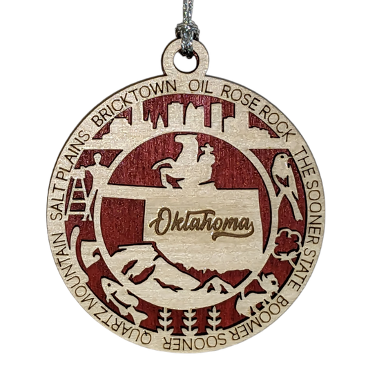 Oklahoma State Pride 3D Wood Laser Cut Ornament: Featuring Iconic Oklahoma Symbols and Custom Background Colors