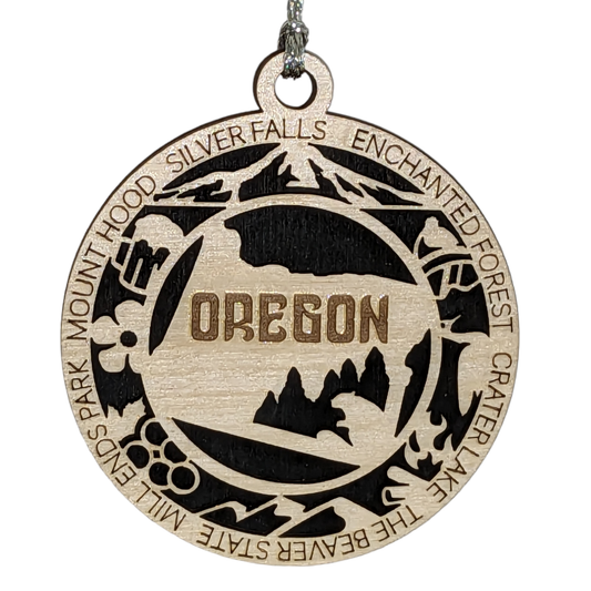 Oregon State Pride 3D Wood Laser Cut Ornament: Featuring Iconic Oregon Symbols and Custom Background Colors