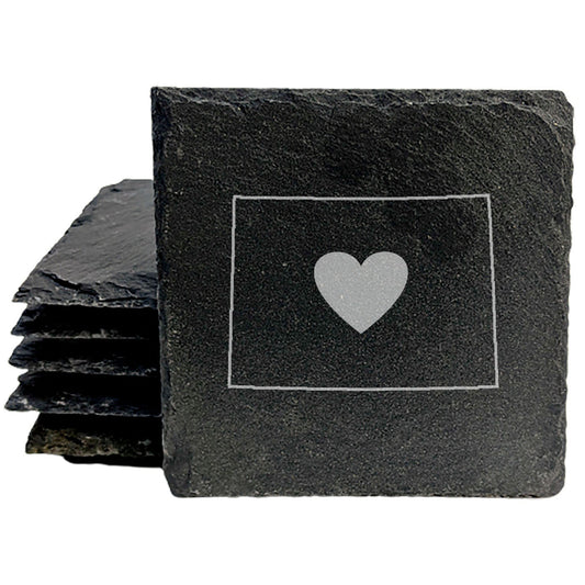 Rustic Slate Coasters Set of 4, Colorado Heart Design, 4" Round, Natural Chipped Edge, Rubber Feet, , Perfect for Holidays, Birthdays, Housewarming, Made in Oregon, USA