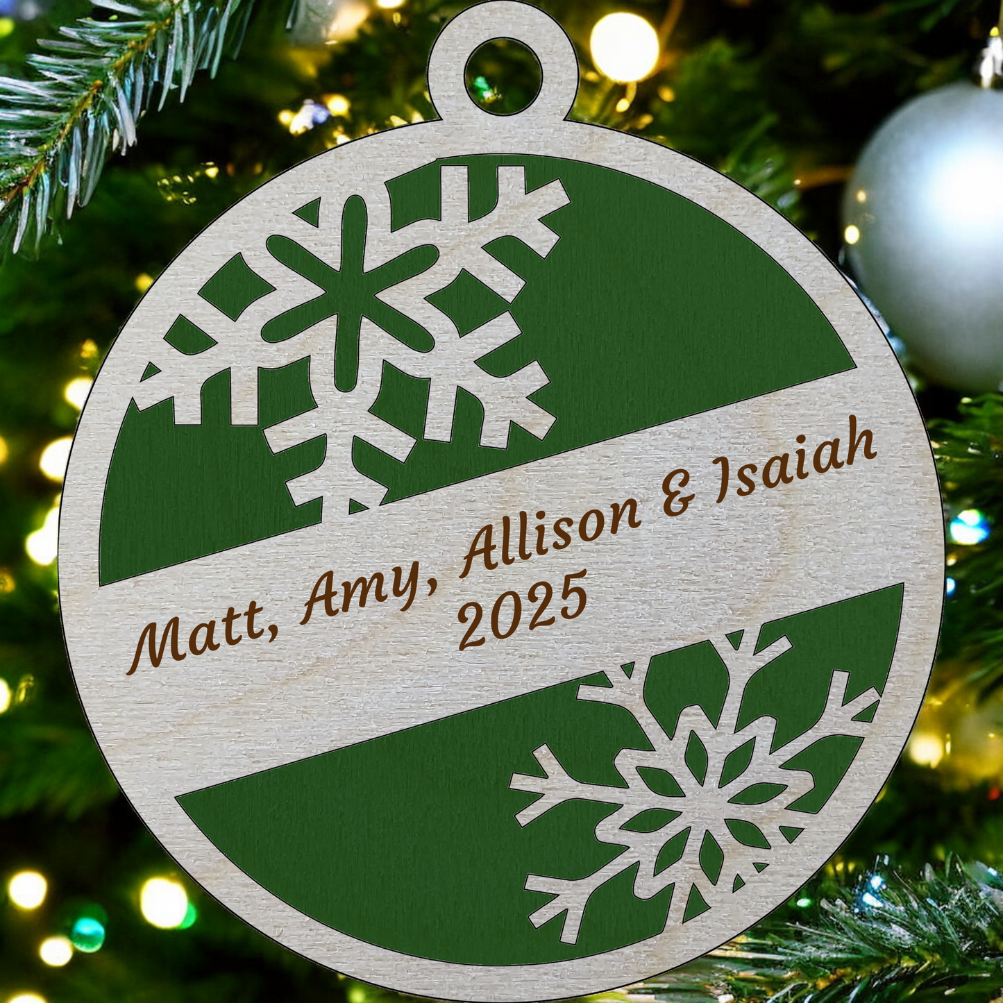 Rustic 2-Layer Wooden Ornament - Customizable Snowflake Design - 3" Round Christmas Tree Decoration