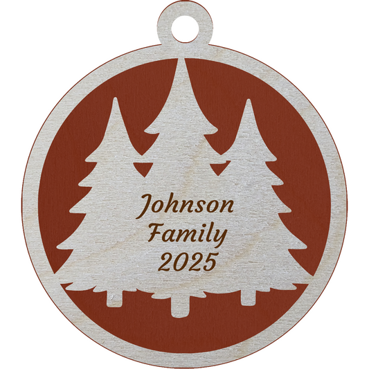 Rustic 2-Layer Wood Christmas Ornament - 3" Round, Custom Message, Laser Cut Tree Design