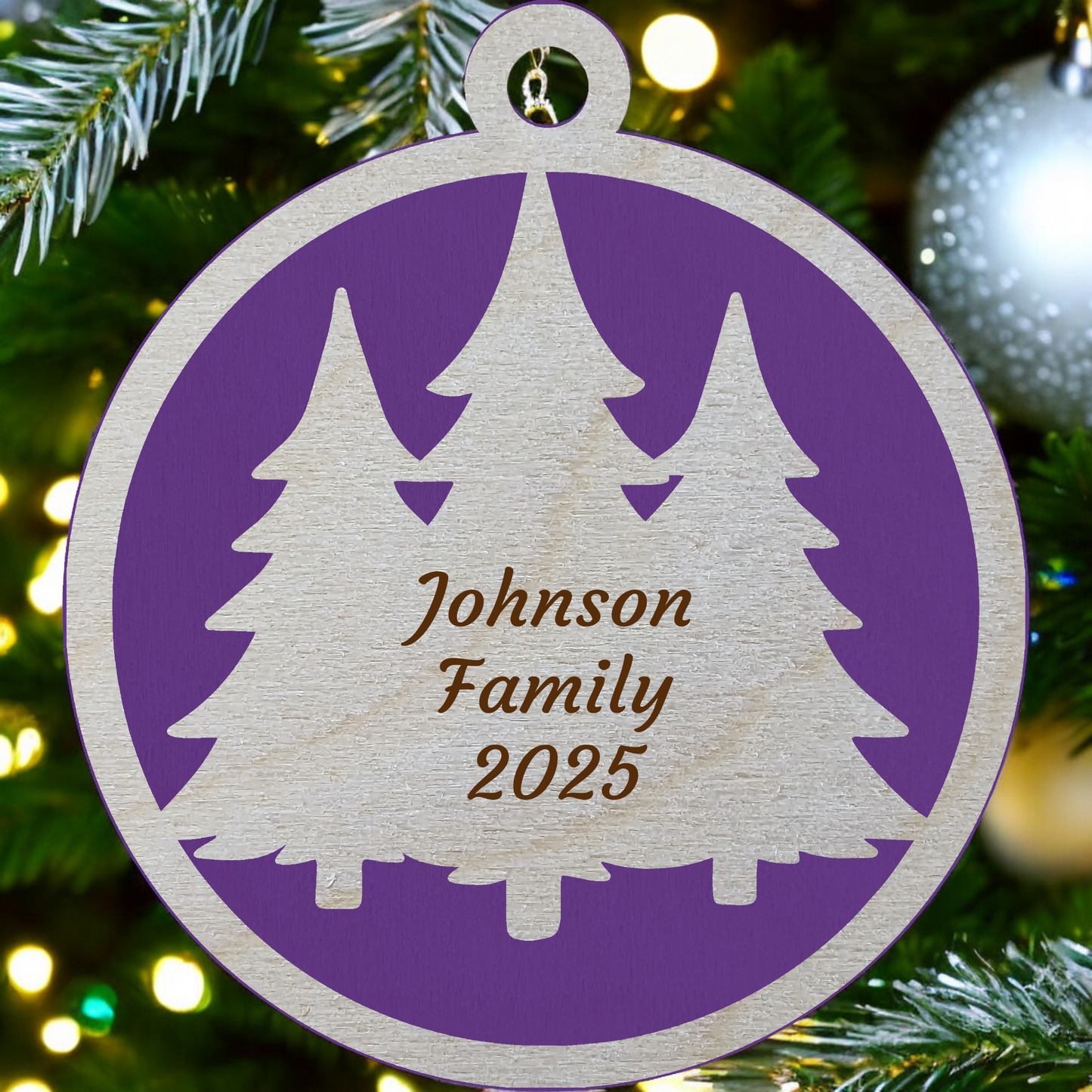 Rustic 2-Layer Wood Christmas Ornament - 3" Round, Custom Message, Laser Cut Tree Design