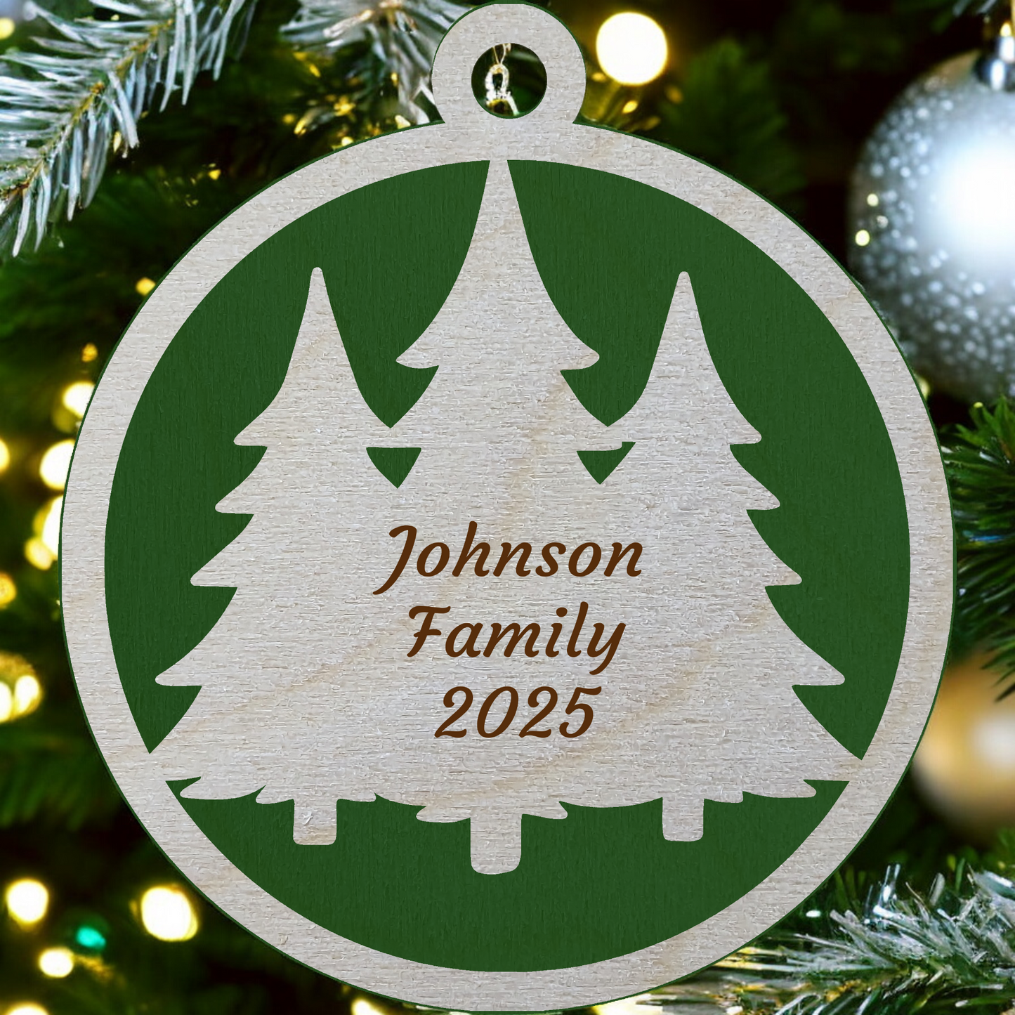 Rustic 2-Layer Wood Christmas Ornament - 3" Round, Custom Message, Laser Cut Tree Design