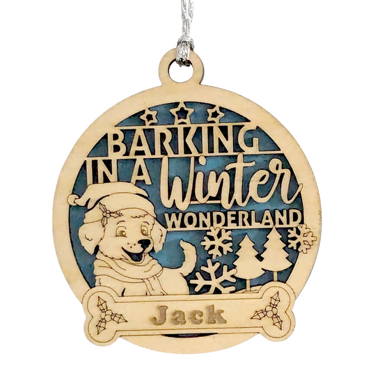Personalized Dog Christmas Ornament - 3" Wood with Custom Name, "Barking in Winter Wonderland" Quote, Handcrafted in USA