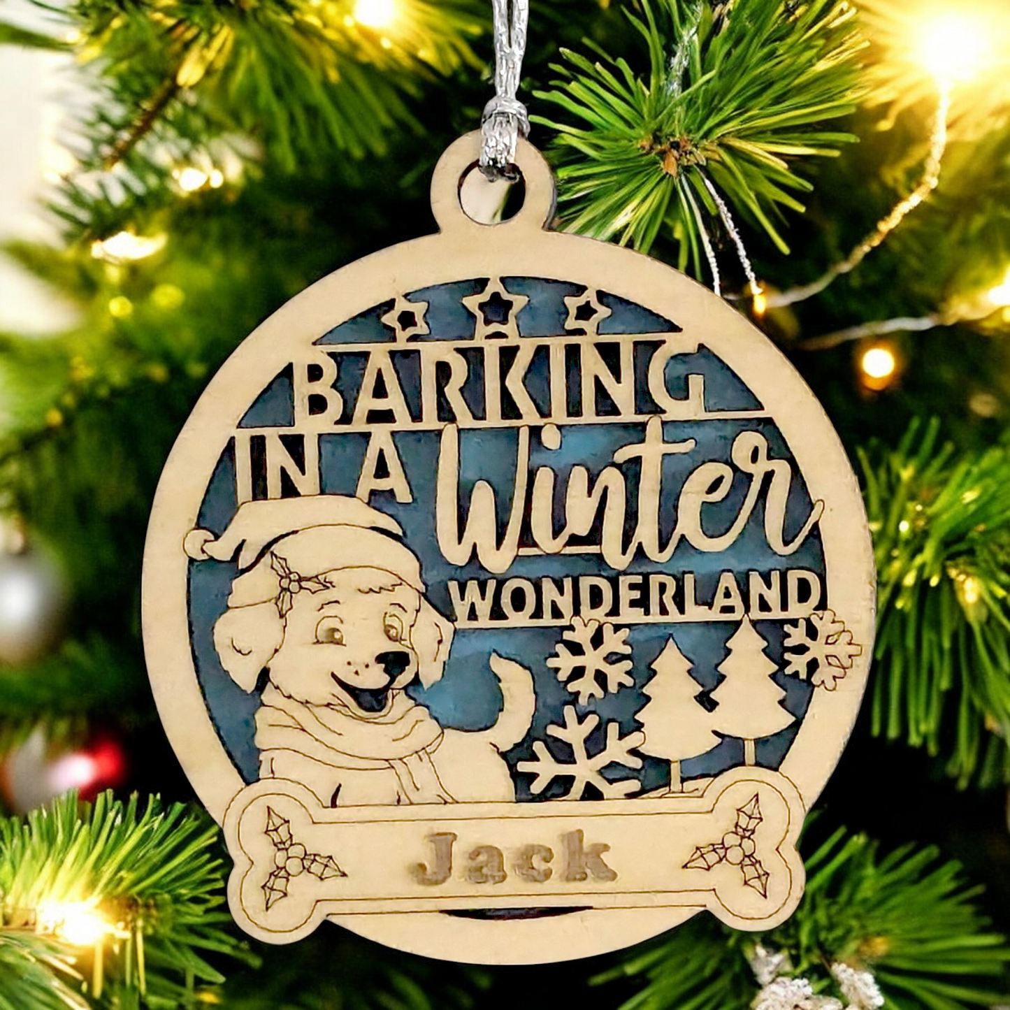 Personalized Dog Christmas Ornament - 3" Wood with Custom Name, "Barking in Winter Wonderland" Quote, Handcrafted in USA