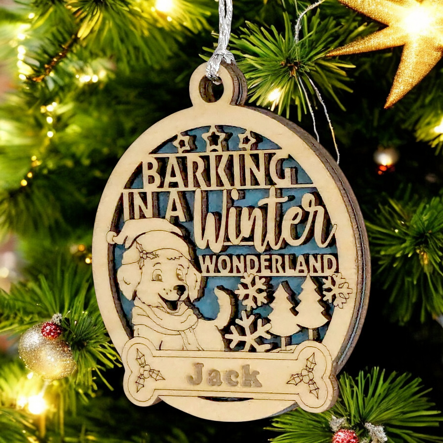 Personalized Dog Christmas Ornament - 3" Wood with Custom Name, "Barking in Winter Wonderland" Quote, Handcrafted in USA