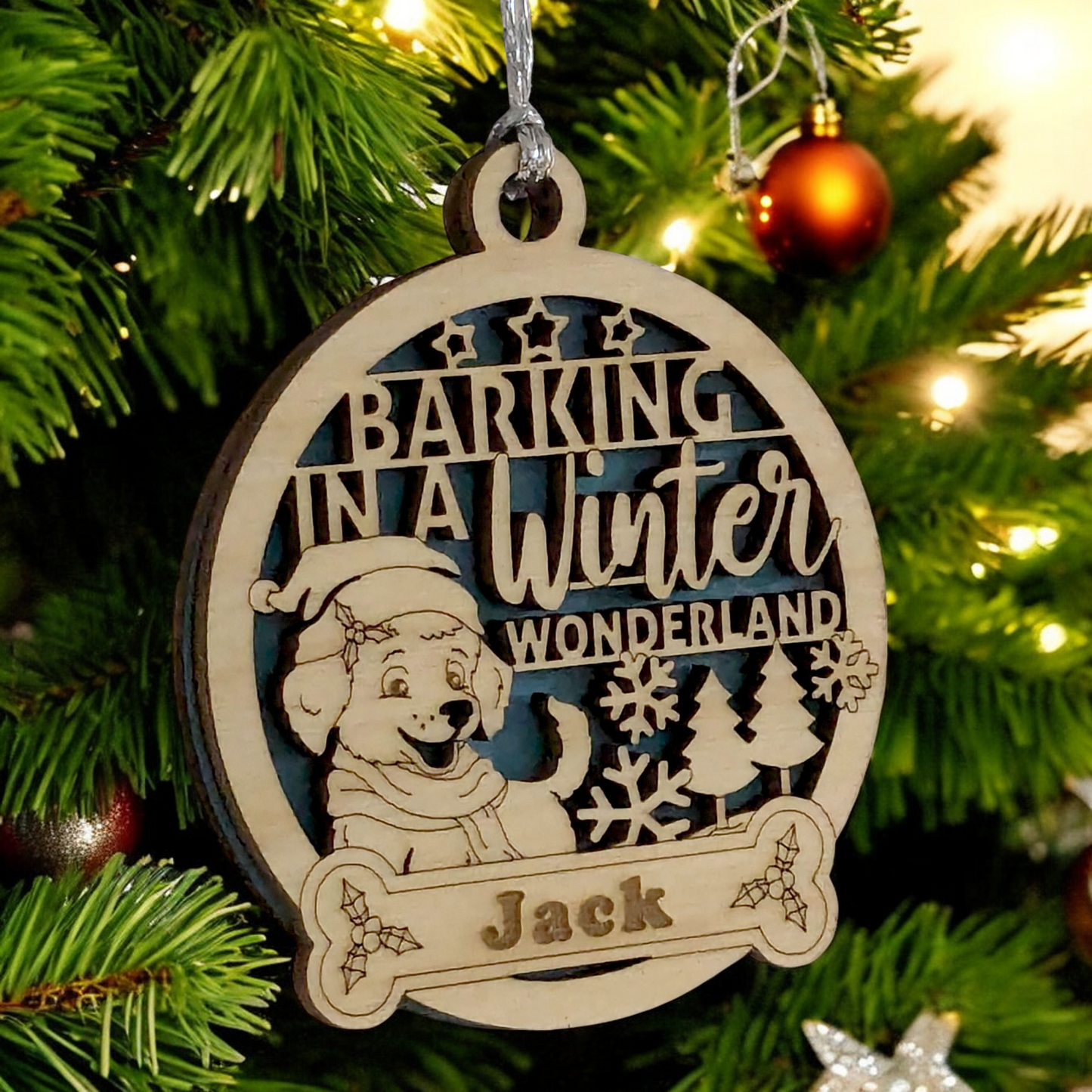 Personalized Dog Christmas Ornament - 3" Wood with Custom Name, "Barking in Winter Wonderland" Quote, Handcrafted in USA