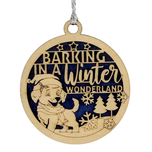 Dog Christmas Ornament - "Barking in Winter Wonderland" - 3" Laser Cut Wood, White or Natural Finish, Handcrafted in USA