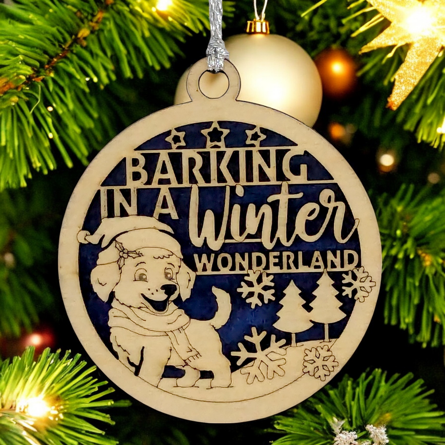 Dog Christmas Ornament - "Barking in Winter Wonderland" - 3" Laser Cut Wood, White or Natural Finish, Handcrafted in USA