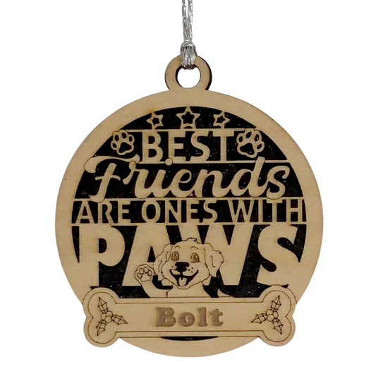 Personalized Dog Christmas Ornament - Custom Pet Name on 3" Wooden Holiday Decoration - Handcrafted Two-Layer Design with Waving Dog - The Best Friends are the ones with Paws