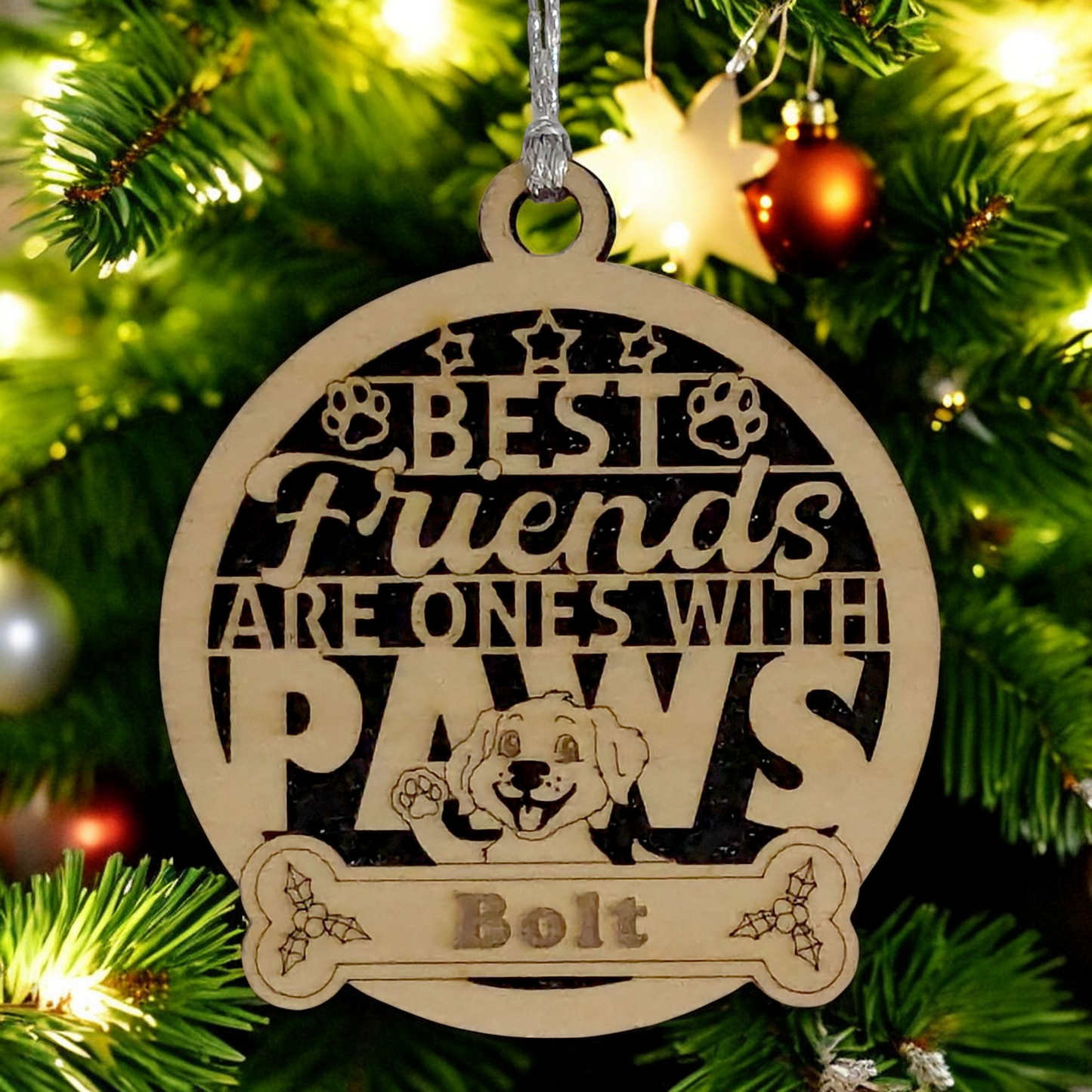 Personalized Dog Christmas Ornament - Custom Pet Name on 3" Wooden Holiday Decoration - Handcrafted Two-Layer Design with Waving Dog - The Best Friends are the ones with Paws