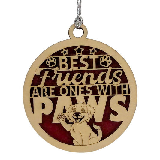 Rustic Wood Dog Ornament - 3" Two-Layer Pet Christmas Decoration - Best Friends Paw Quote - Handcrafted USA Made Holiday Gift