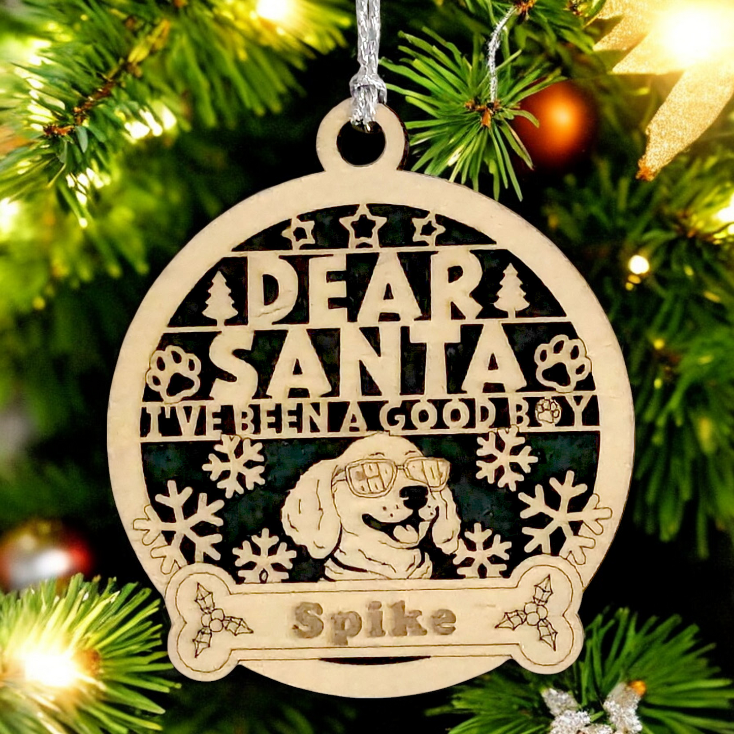 Personalized Dog Christmas Ornament - Custom Pet Name Wooden Ornament with Funny Sunglasses Dog Design - Handmade in USA - Good Boy Christmas Tree Decoration Gift for Dog Lovers
