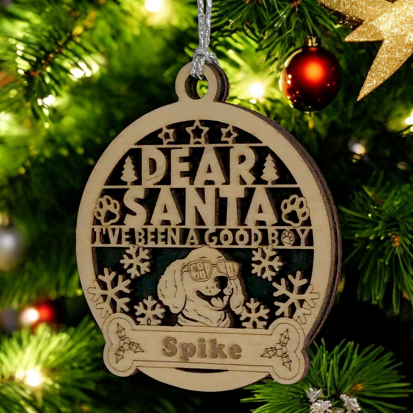 Personalized Dog Christmas Ornament - Custom Pet Name Wooden Ornament with Funny Sunglasses Dog Design - Handmade in USA - Good Boy Christmas Tree Decoration Gift for Dog Lovers