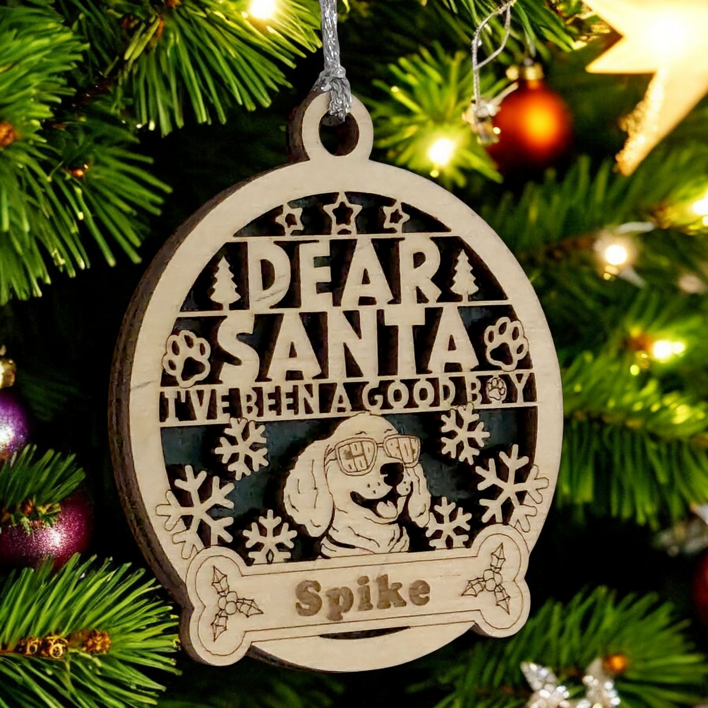 Personalized Dog Christmas Ornament - Custom Pet Name Wooden Ornament with Funny Sunglasses Dog Design - Handmade in USA - Good Boy Christmas Tree Decoration Gift for Dog Lovers