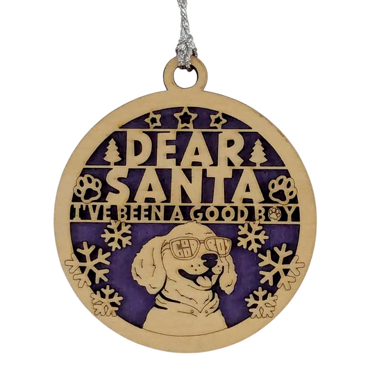 Handmade Dog Christmas Tree Ornament - 3" Wooden Pet Holiday Decoration - Laser Cut "Dear Santa" Good Boy Design - Made in Oregon USA