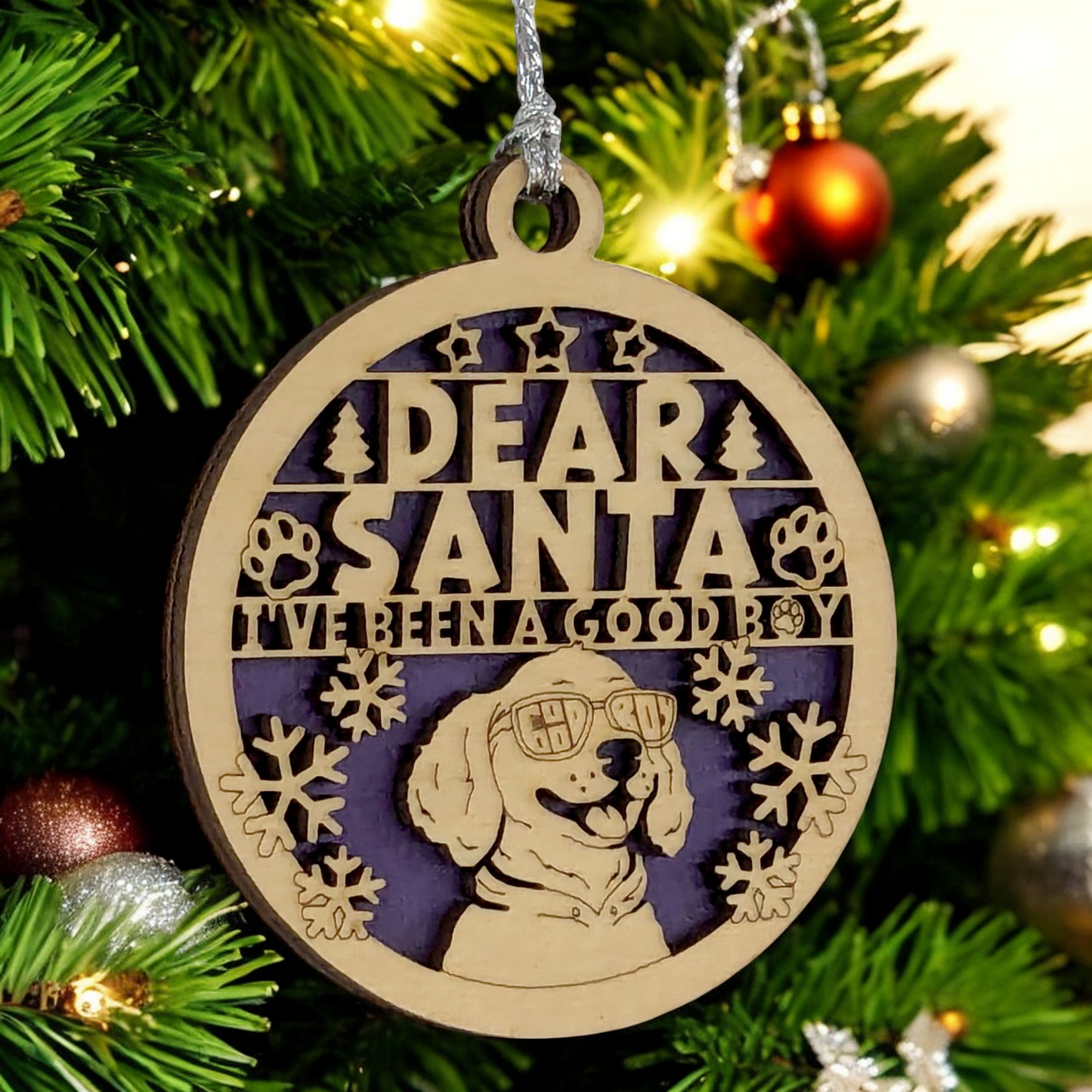 Handmade Dog Christmas Tree Ornament - 3" Wooden Pet Holiday Decoration - Laser Cut "Dear Santa" Good Boy Design - Made in Oregon USA