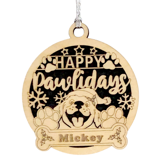 Custom Dog Name Christmas Ornament - Personalized Wooden Pet Holiday Decoration - Happy Pawlidays Dog Design - Handcrafted Gift