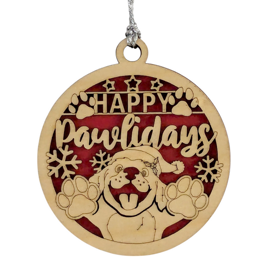 Happy Pawlidays' Dog Christmas Ornament - 3" Laser Cut Wood Holiday Pet Decoration - Two-Layer Design - Handcrafted in Oregon USA - Perfect Dog Lover Gift