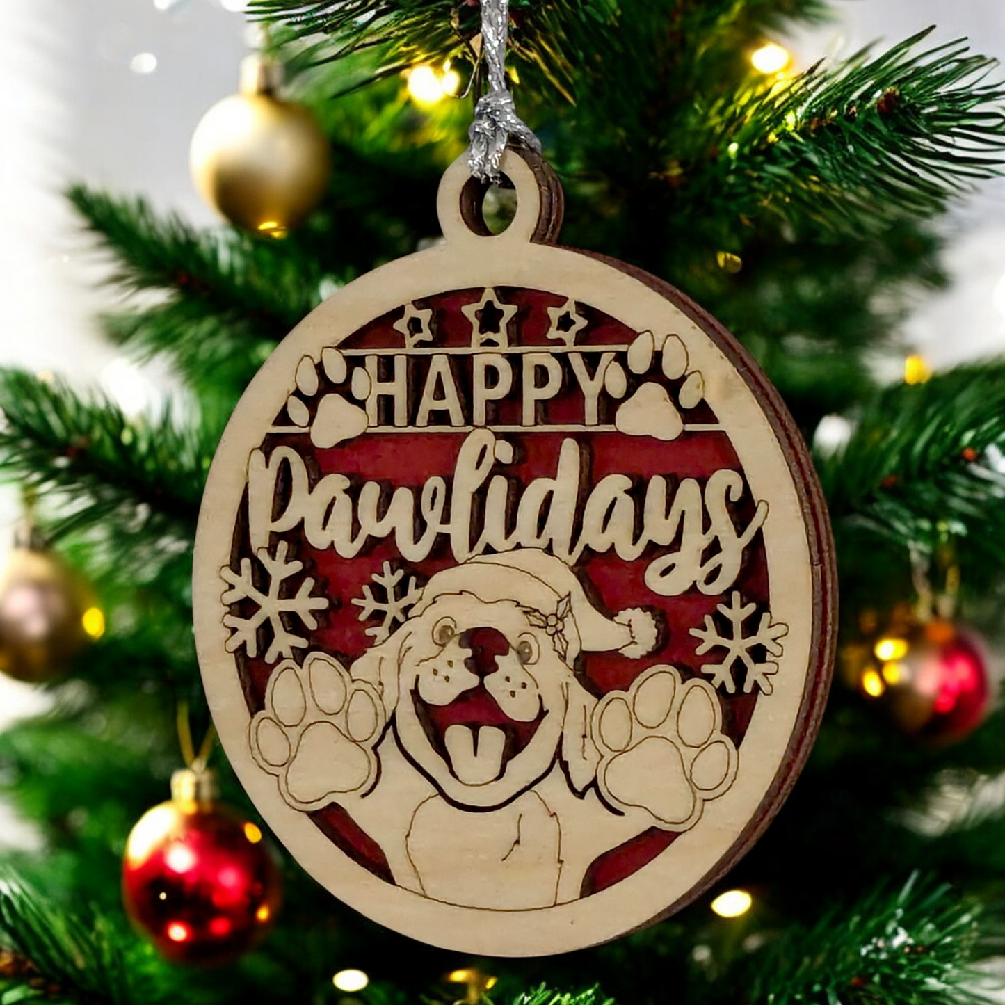 Happy Pawlidays' Dog Christmas Ornament - 3" Laser Cut Wood Holiday Pet Decoration - Two-Layer Design - Handcrafted in Oregon USA - Perfect Dog Lover Gift