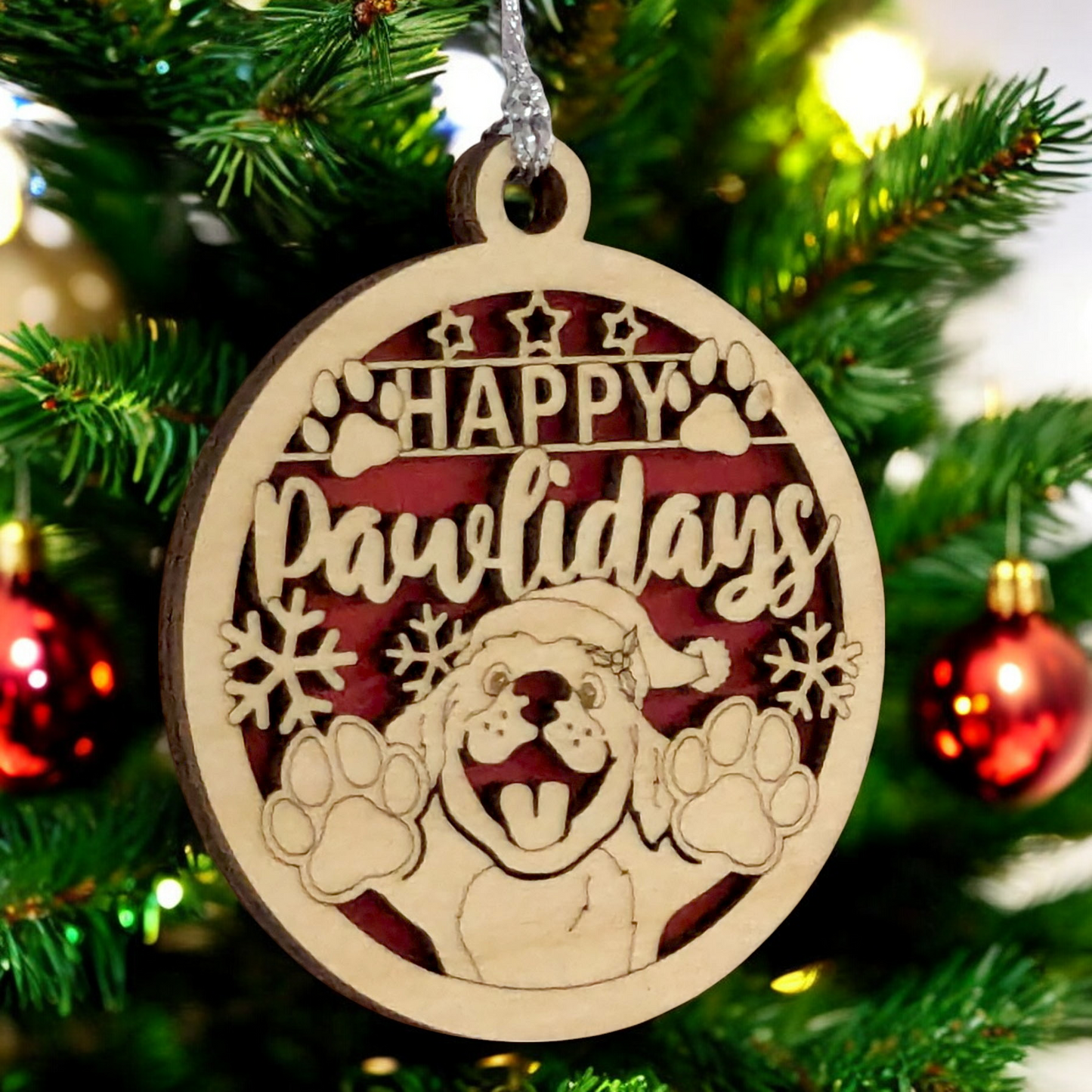 Happy Pawlidays' Dog Christmas Ornament - 3" Laser Cut Wood Holiday Pet Decoration - Two-Layer Design - Handcrafted in Oregon USA - Perfect Dog Lover Gift