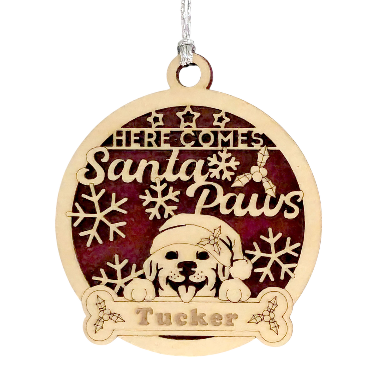 Christmas Dog Ornament with Custom Name - Santa Paws Holiday Pet Decoration - 3" Laser Cut Wood Design - Handmade Dog Lover Gift - Made in USA