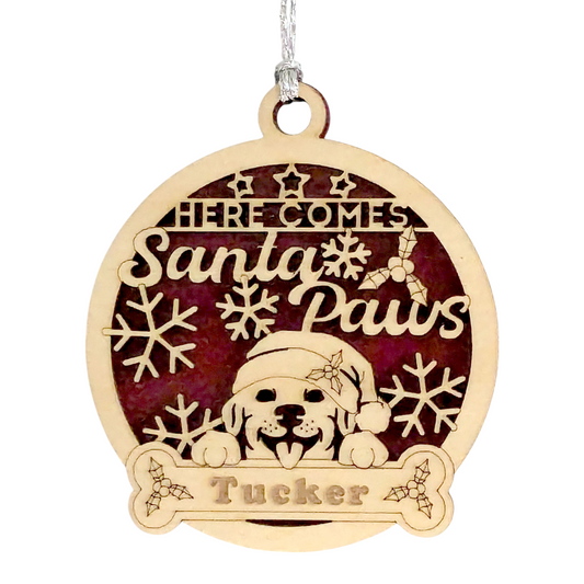 Christmas Dog Ornament with Custom Name - Santa Paws Holiday Pet Decoration - 3" Laser Cut Wood Design - Handmade Dog Lover Gift - Made in USA