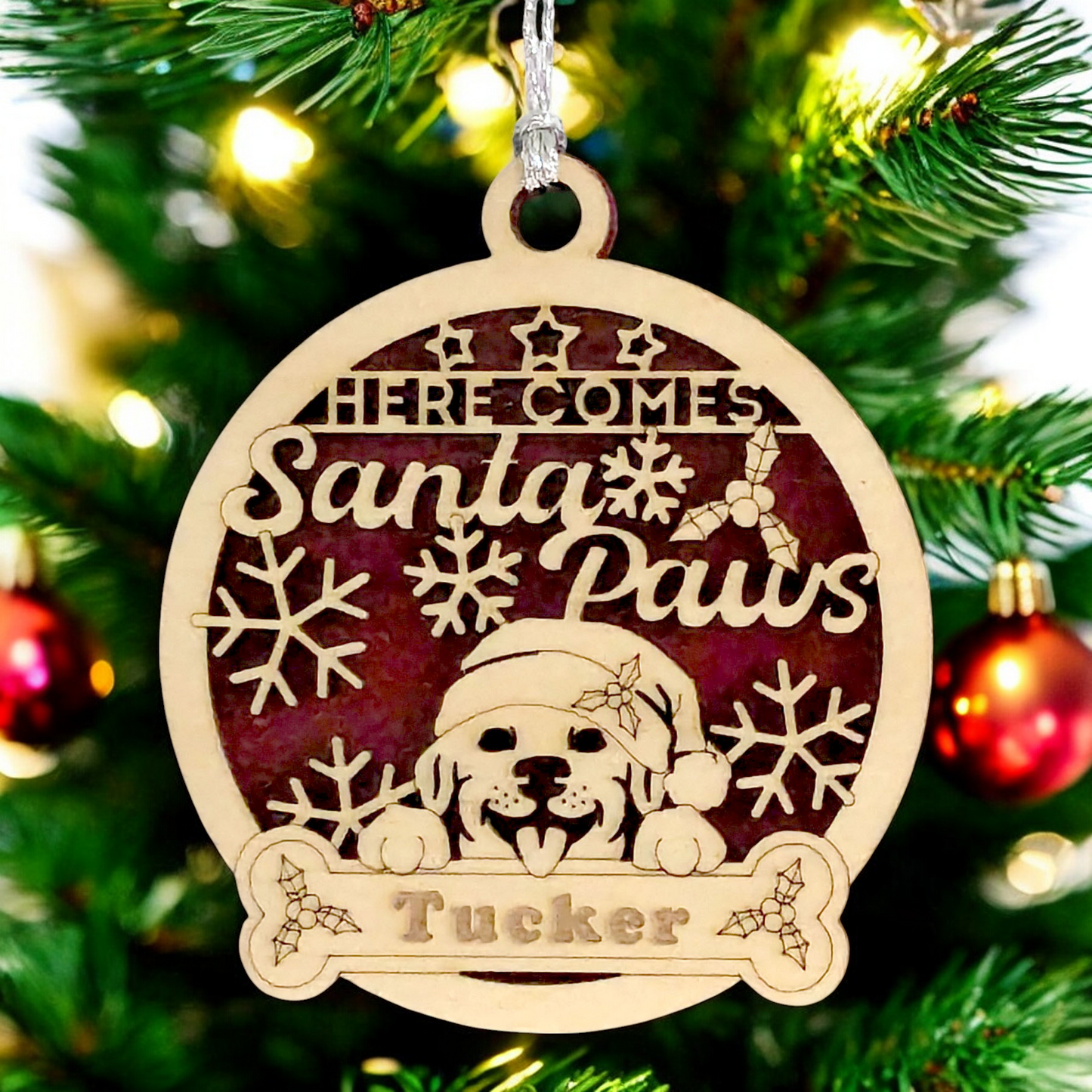 Christmas Dog Ornament with Custom Name - Santa Paws Holiday Pet Decoration - 3" Laser Cut Wood Design - Handmade Dog Lover Gift - Made in USA