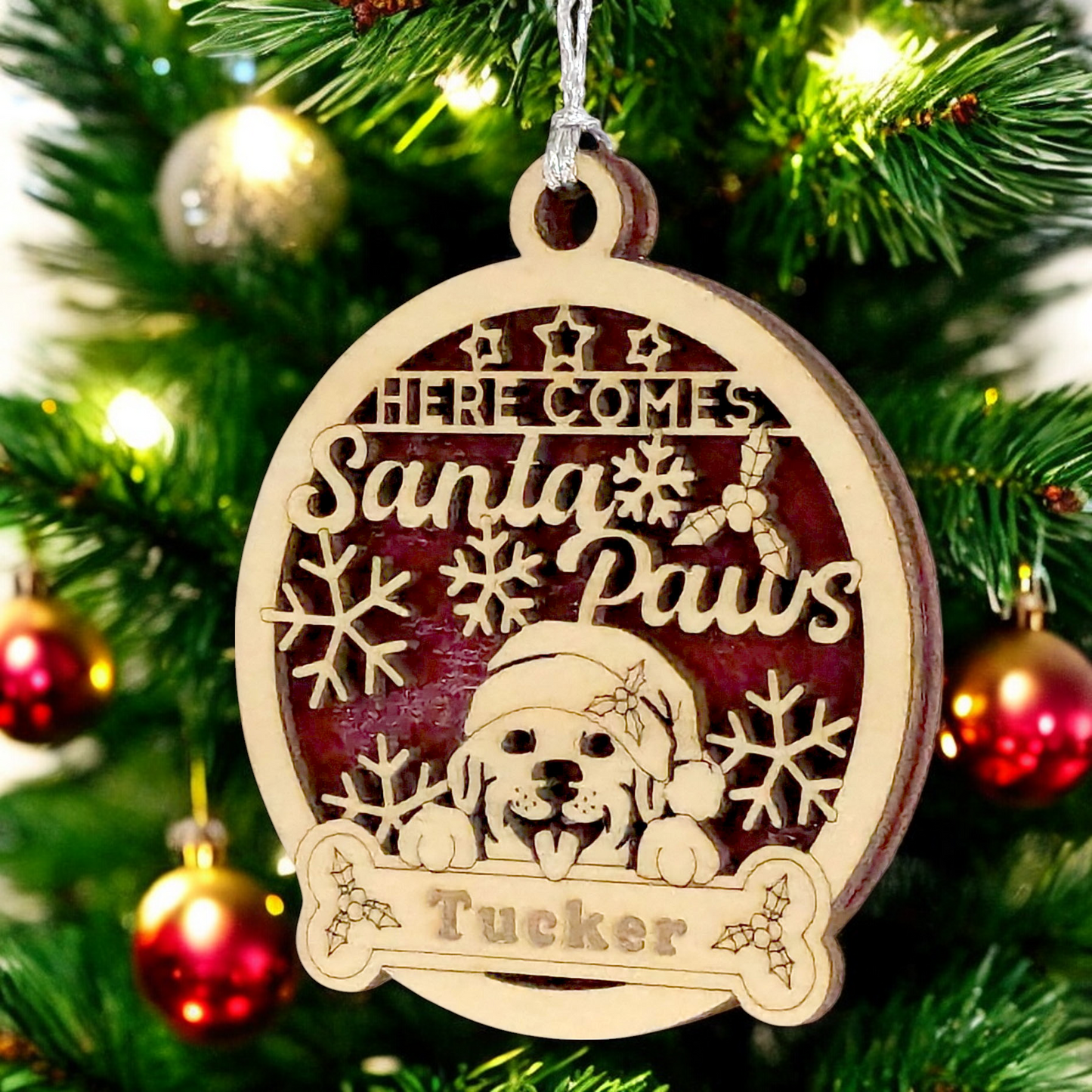 Christmas Dog Ornament with Custom Name - Santa Paws Holiday Pet Decoration - 3" Laser Cut Wood Design - Handmade Dog Lover Gift - Made in USA