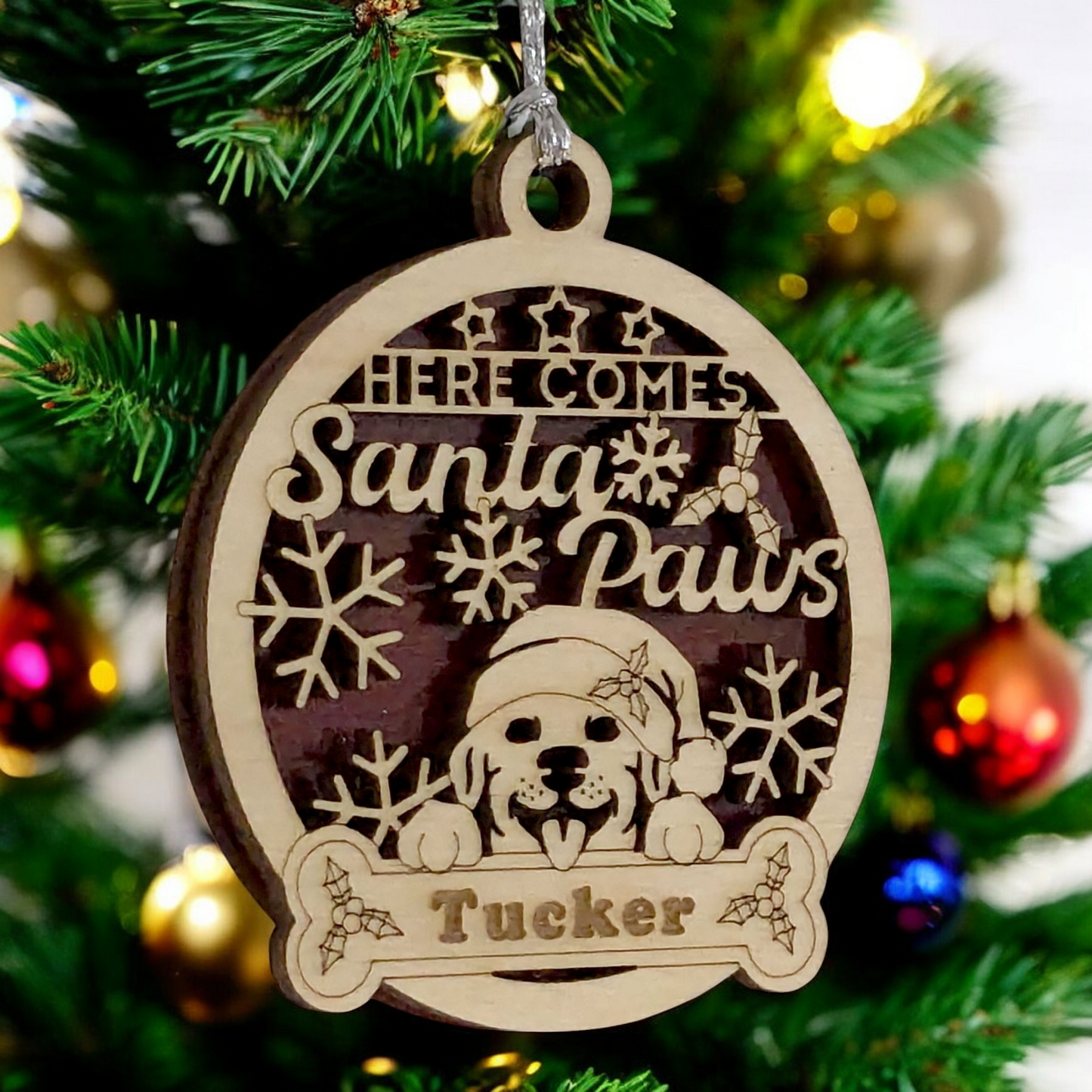 Christmas Dog Ornament with Custom Name - Santa Paws Holiday Pet Decoration - 3" Laser Cut Wood Design - Handmade Dog Lover Gift - Made in USA