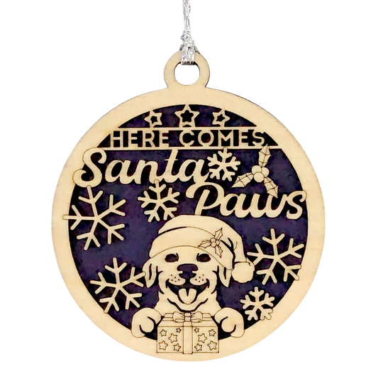 3" Santa Paws Dog Christmas Ornament - Two Layer Wood Holiday Pet Decoration - Laser Cut Dog Lover Gift - Handcrafted in Oregon USA