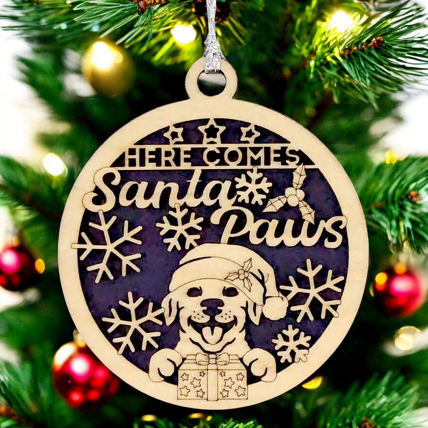 3" Santa Paws Dog Christmas Ornament - Two Layer Wood Holiday Pet Decoration - Laser Cut Dog Lover Gift - Handcrafted in Oregon USA