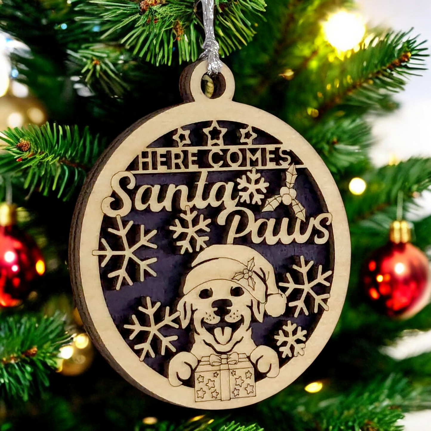 3" Santa Paws Dog Christmas Ornament - Two Layer Wood Holiday Pet Decoration - Laser Cut Dog Lover Gift - Handcrafted in Oregon USA