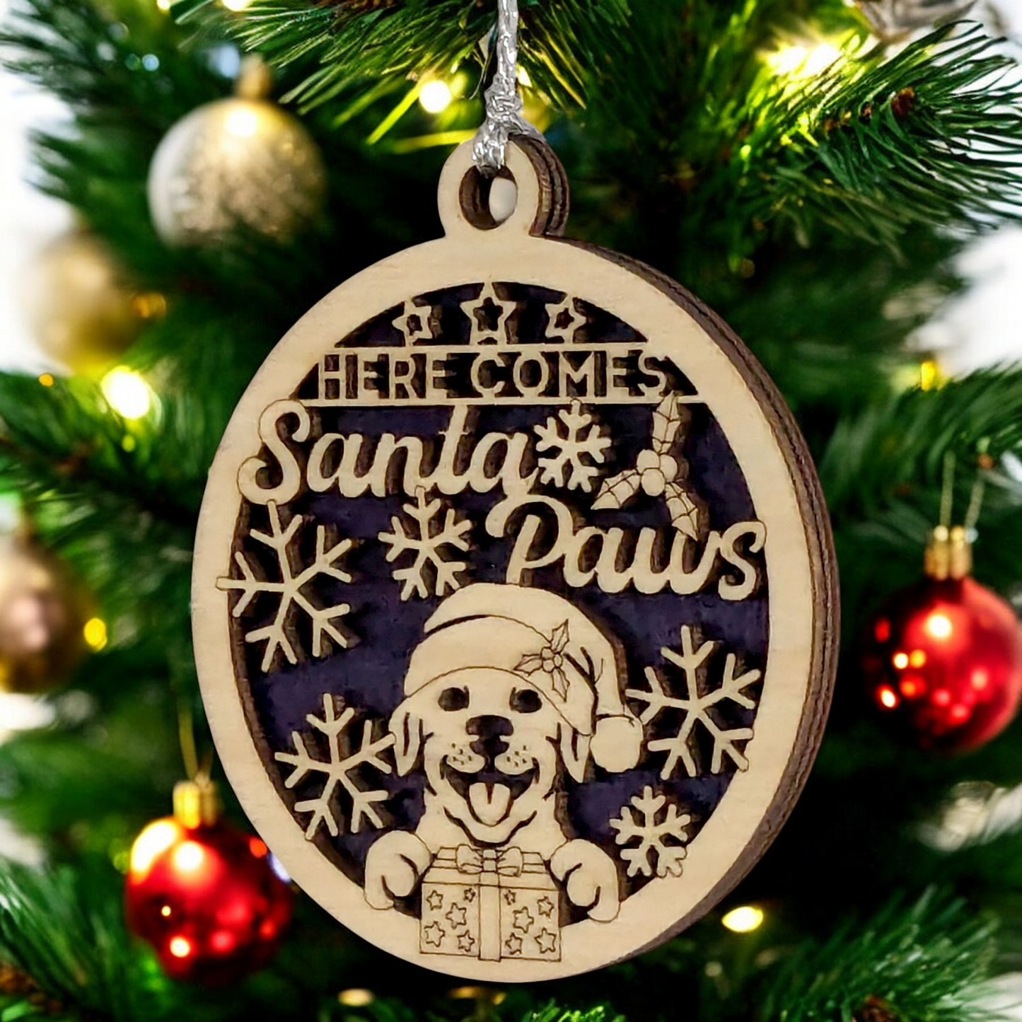 3" Santa Paws Dog Christmas Ornament - Two Layer Wood Holiday Pet Decoration - Laser Cut Dog Lover Gift - Handcrafted in Oregon USA