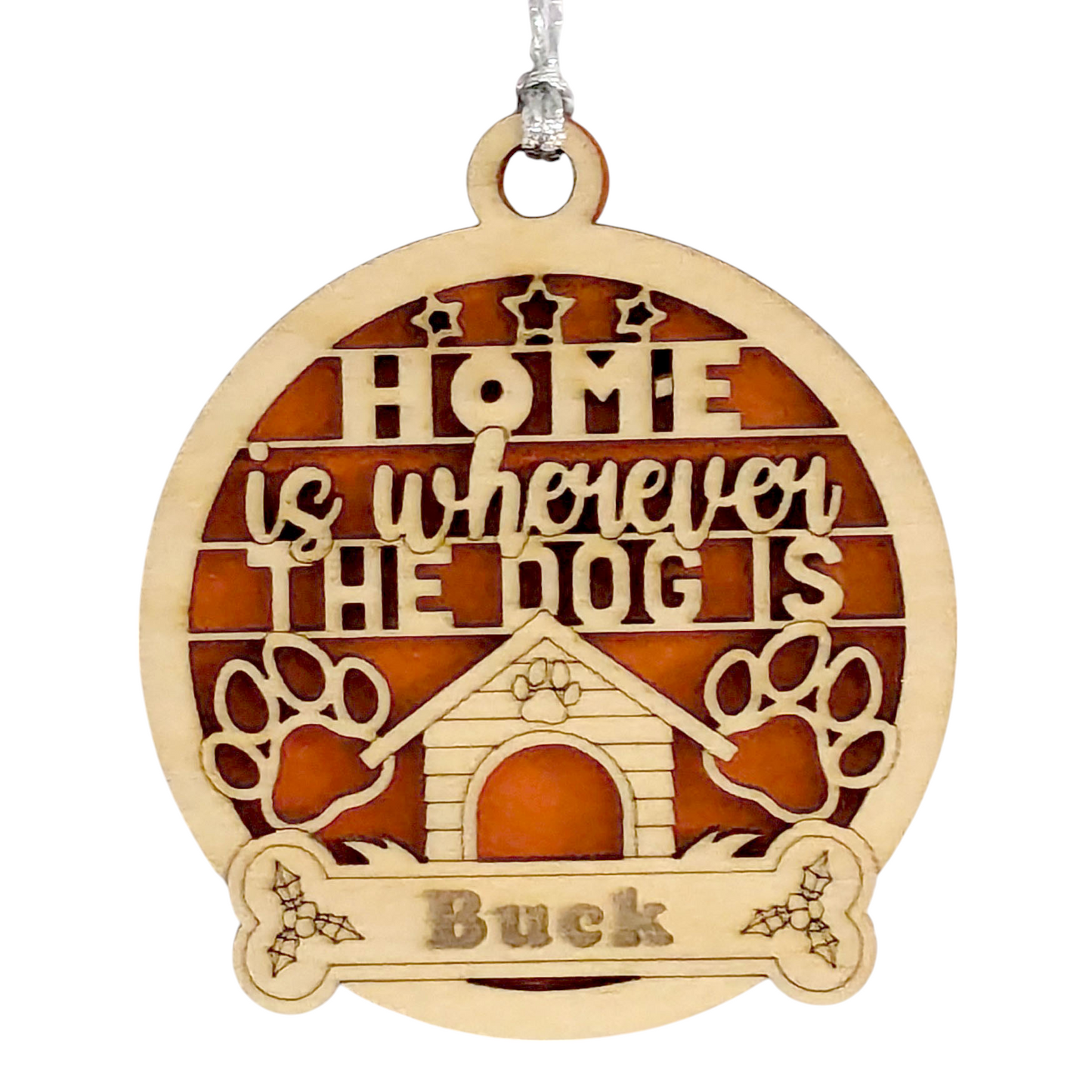 Handcrafted Dog House Christmas Ornament - Personalized Pet Name on Bone - 3" Natural or White Wood - Home is Wherever the Dog is - Custom Holiday Decoration