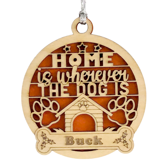 Handcrafted Dog House Christmas Ornament - Personalized Pet Name on Bone - 3" Natural or White Wood - Home is Wherever the Dog is - Custom Holiday Decoration